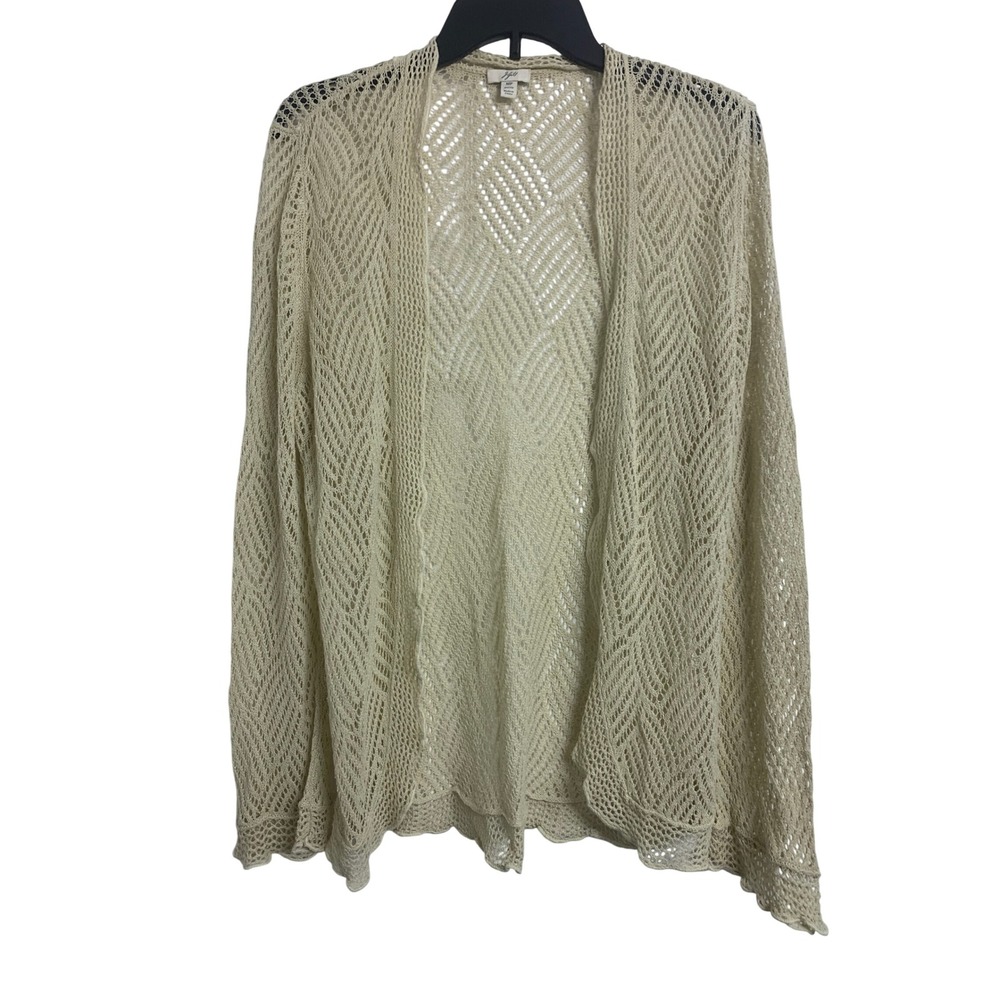 J. Jill Silk Linen Crochet Cardigan Sweater Cream Petite Medium Open Front Boho